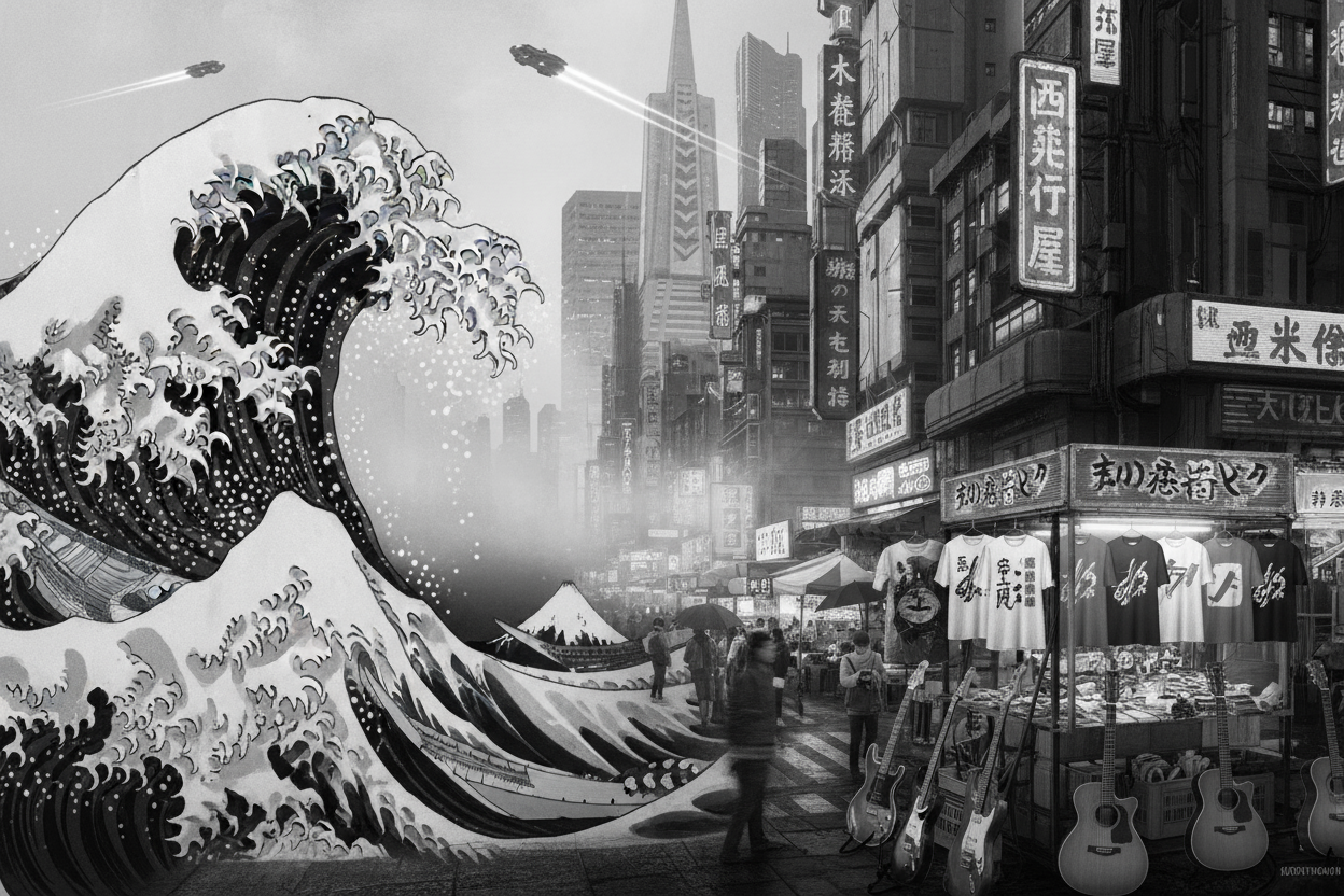 a black and white image inspired by the famous Japanese wave arching up in the middle of the image, and a post modern blade runner san francisco city with markets selling t shirts and guitars on the other side.